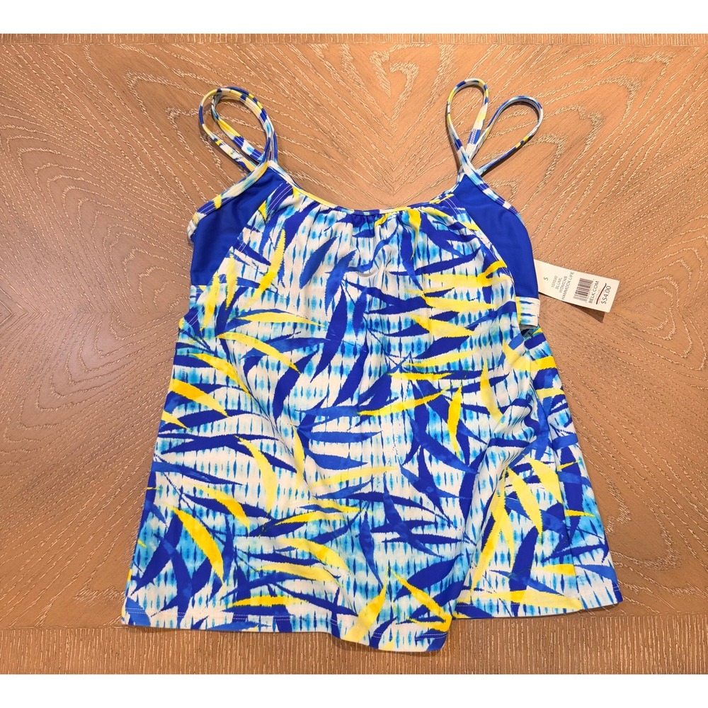 Zelos Womens Hammock Life Blue Yellow Tropical Leaf Tankini Swim Top Small NWT